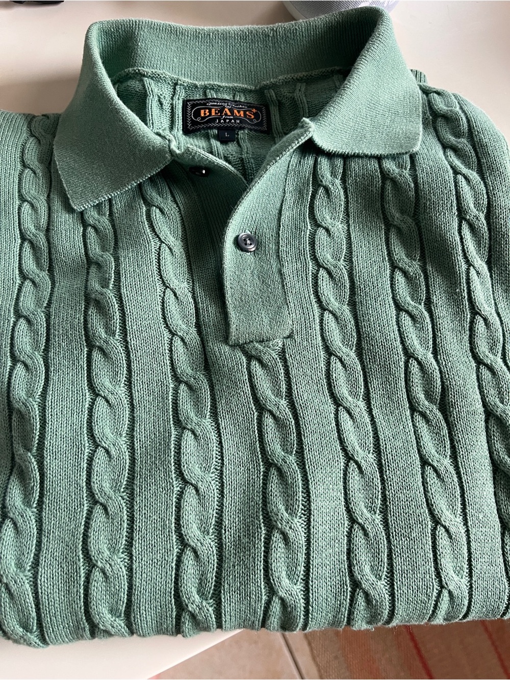 BEAMS Japan Sage Green Cable Knit Polo